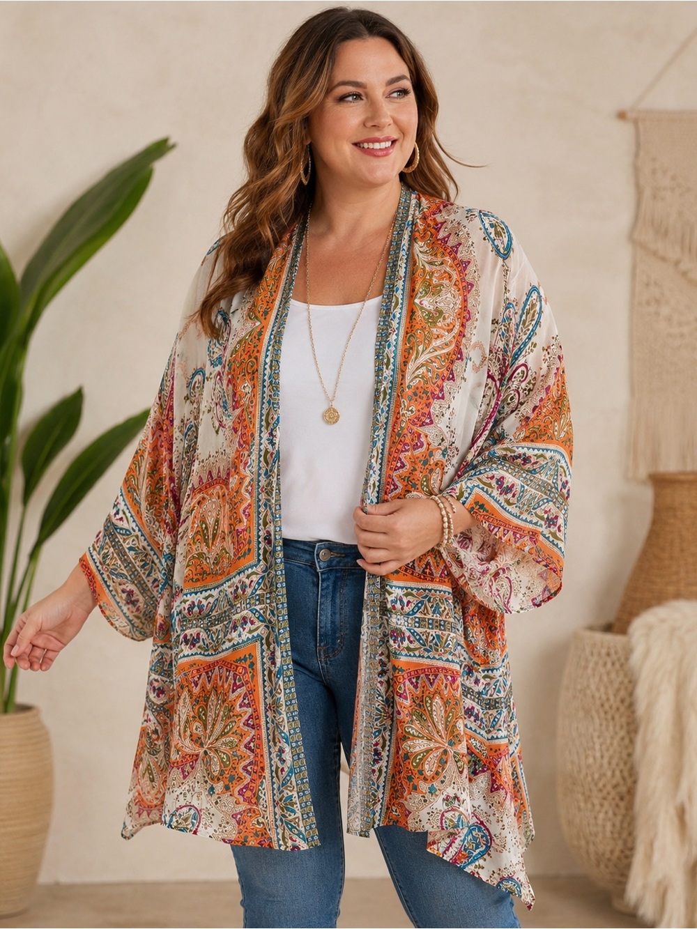 Soft Surroundings Catherine Paisley Kimono Cardigan Topper Boho Open Front 2X